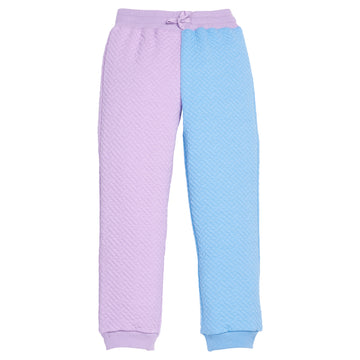 Pair of girls quilted pants in purple and blue on a white background featuring a drawstring waist.