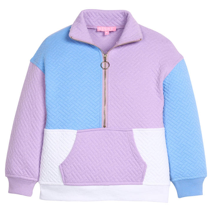 Girls color-blocked quilted jacket with purple, blue, and white sections and a gold quarter zip zipper to complete the look. 