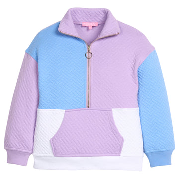 Girls color-blocked quilted jacket with purple, blue, and white sections and a gold quarter zip zipper to complete the look. 
