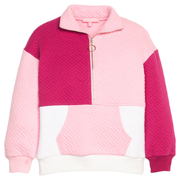 Girls pink and magenta quilted knit pullover with a gold quarter zip zipper to complete the look. 