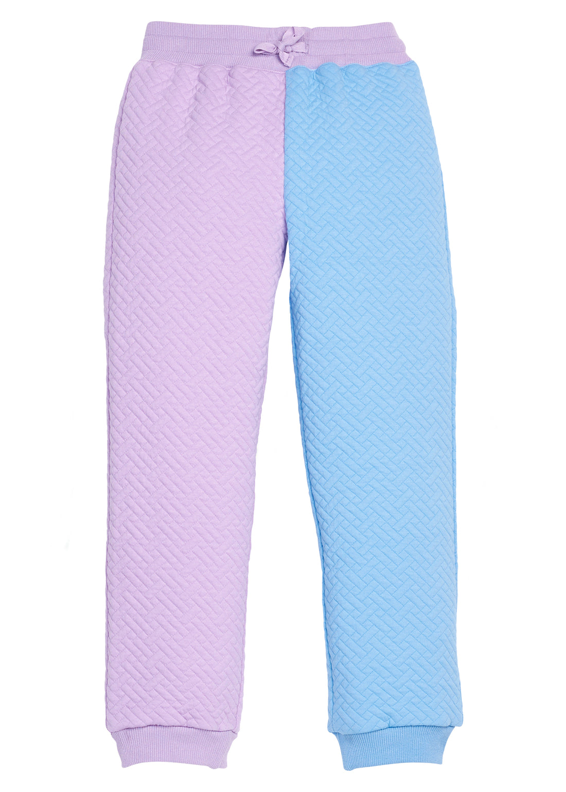 Pair of girls quilted pants in purple and blue on a white background featuring a drawstring waist.
