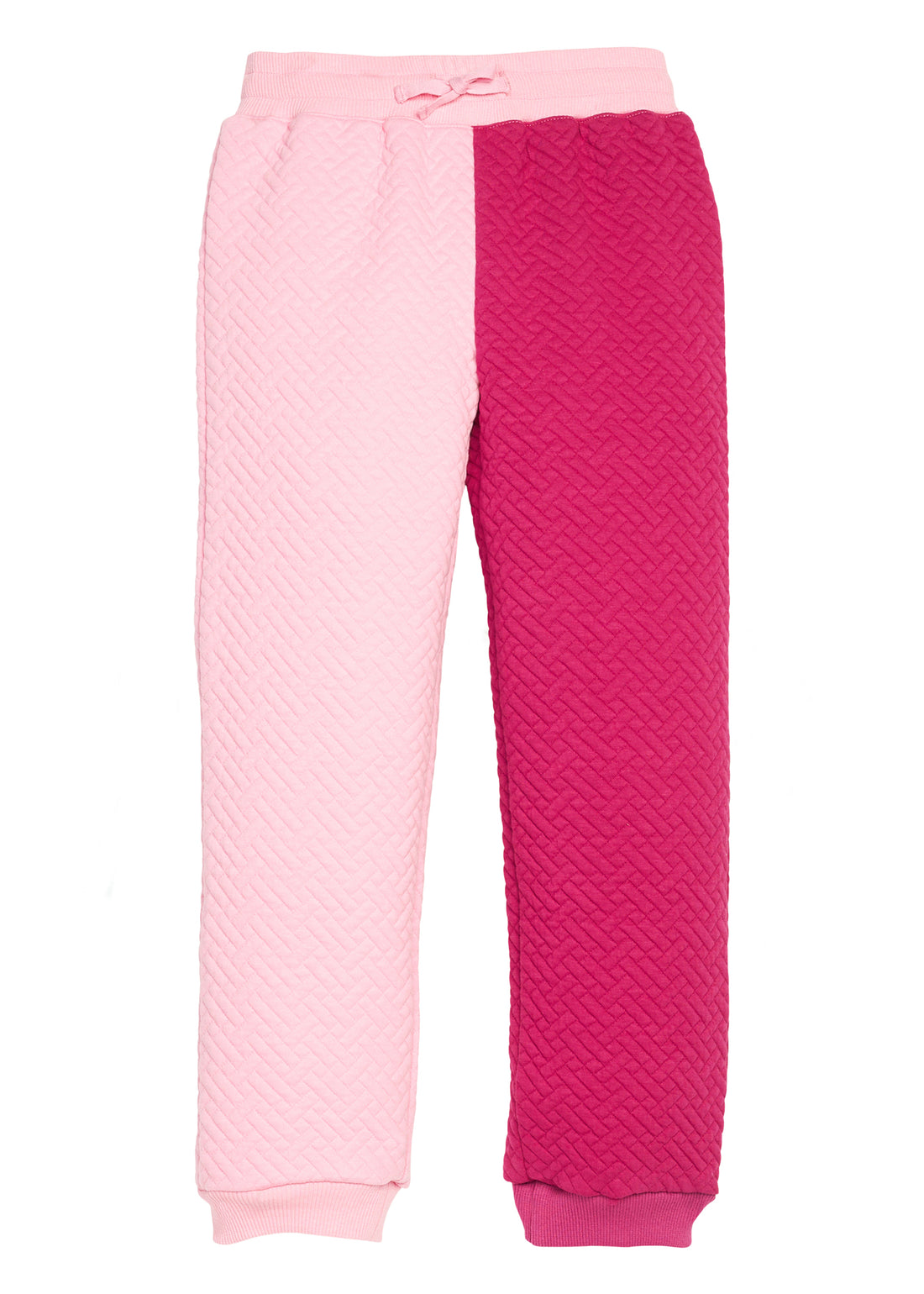 Girls pink and magenta quilted pants with one leg being a bubblegum pink and the other in a cranberry pink. Joggers also feature an elastic waistband and functioning ties.