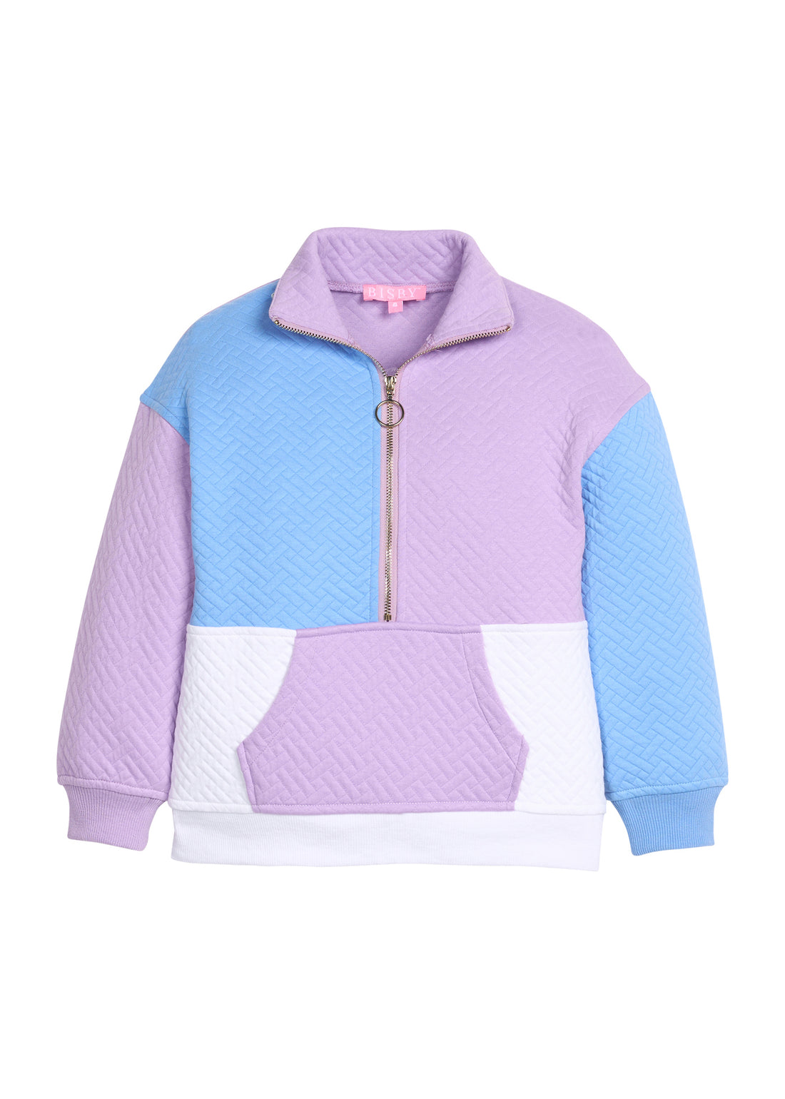Girls color-blocked quilted jacket with purple, blue, and white sections and a gold quarter zip zipper to complete the look. 