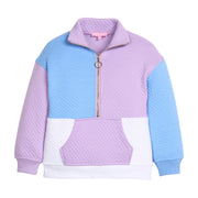 Girls color-blocked quilted jacket with purple, blue, and white sections and a gold quarter zip zipper to complete the look. 