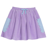 Vibrant circle skirt has a beautiful purple skirt with blue pockets and blue tie in the front--BISBY girl