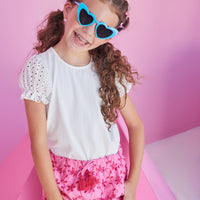 White tee shirt for girls and tweens with eyelet lace puff sleeves
