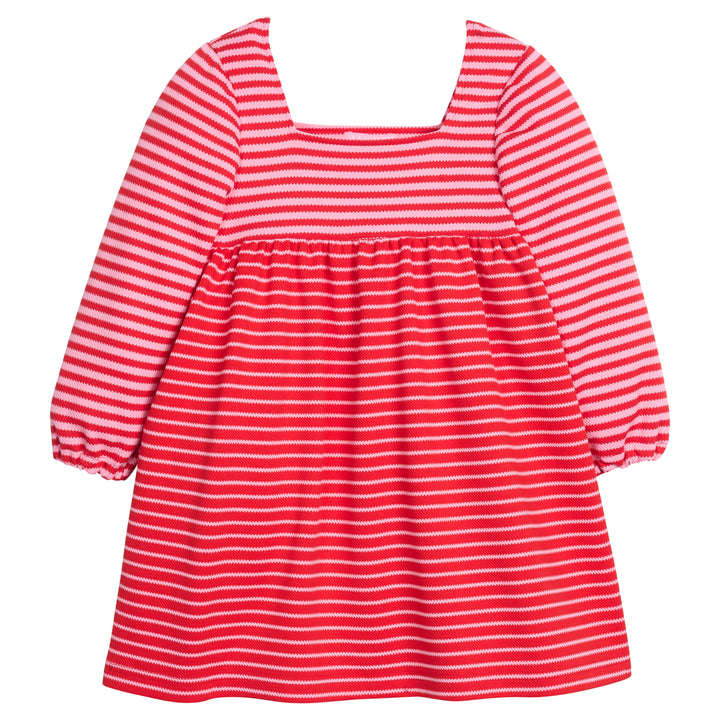 Girls red and pink striped knit dress that features a square neckline and 3/4 inch sleeves.