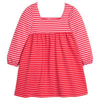 Girls red and pink striped knit dress that features a square neckline and 3/4 inch sleeves.
