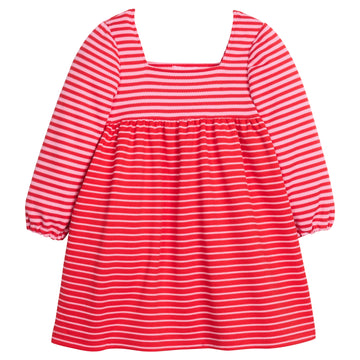 Girls red and pink striped knit dress that features a square neckline and 3/4 inch sleeves.