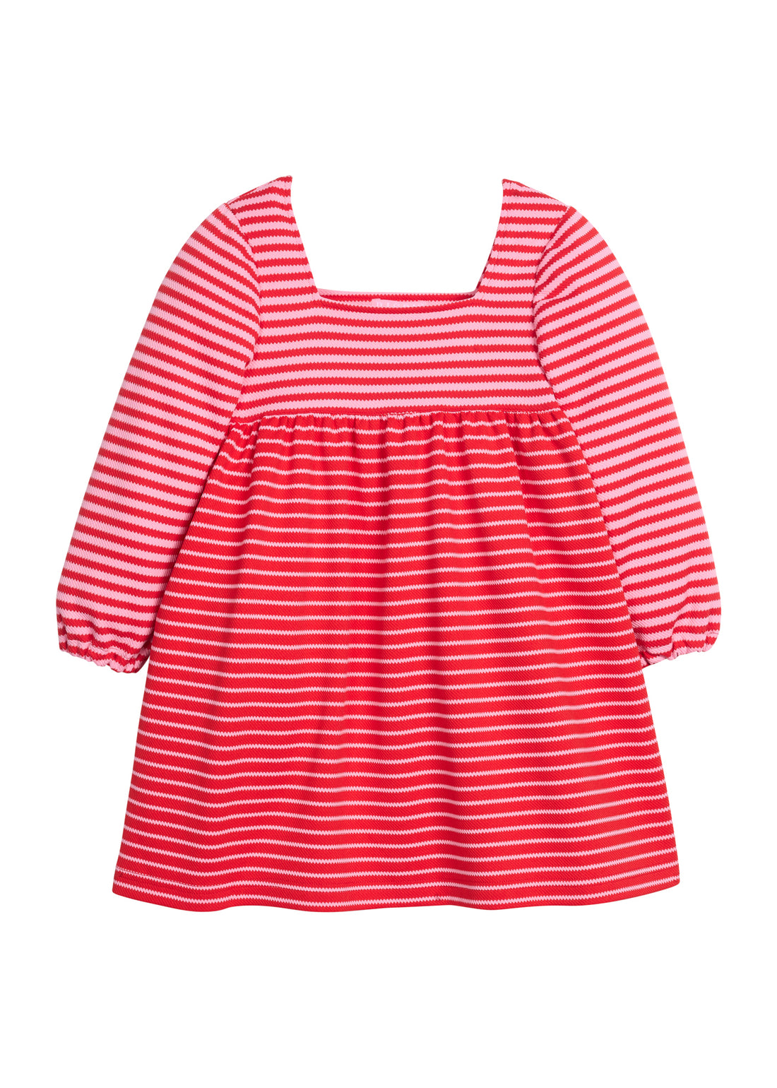 Girls red and pink striped knit dress that features a square neckline and 3/4 inch sleeves.