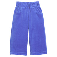 Girls velour pants in royal blue that feature functioning pockets in the front of pants and an elastic waistband. 