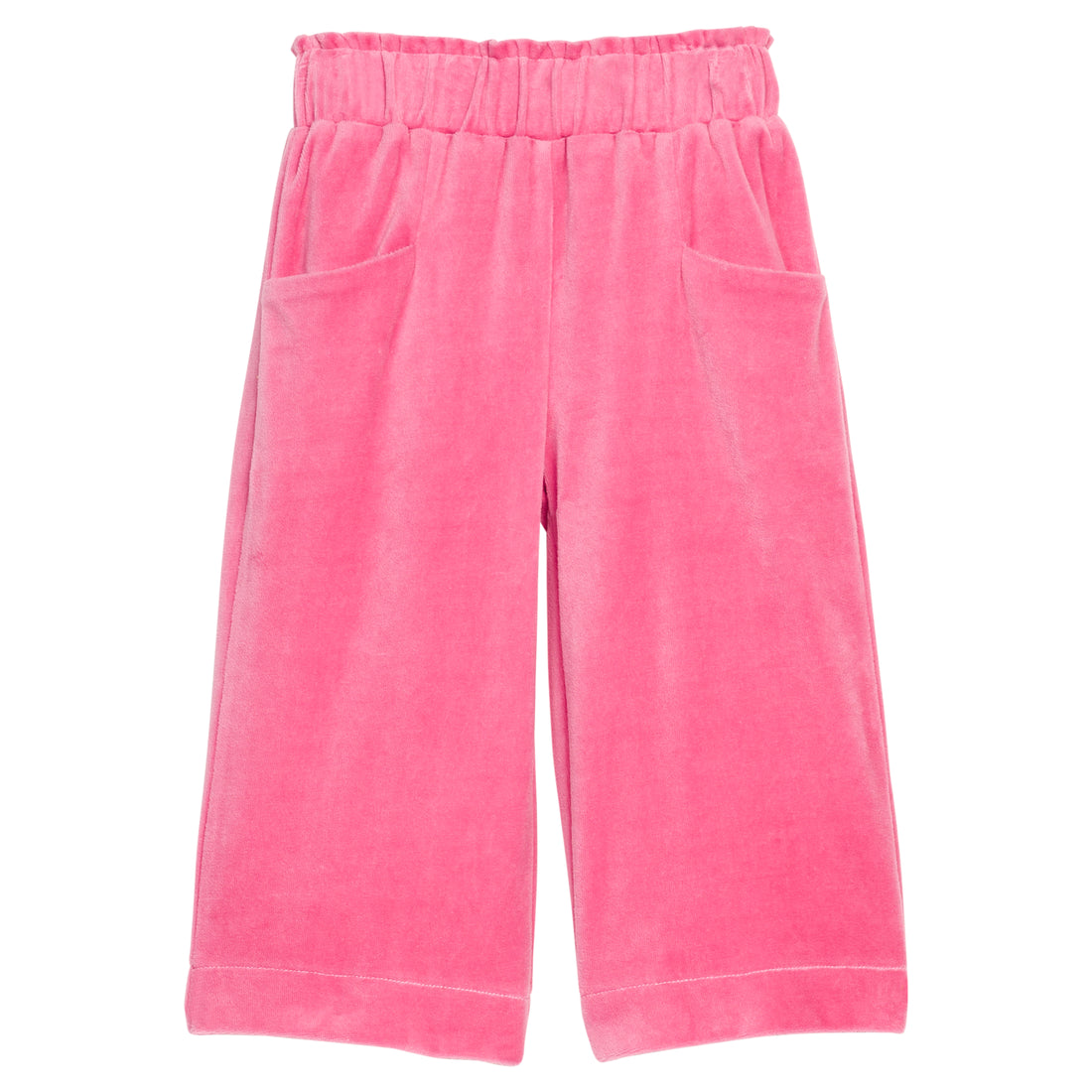 Girls pink velour palazzo pants that feature two functioning pockets in the front and an elastic waistband. 