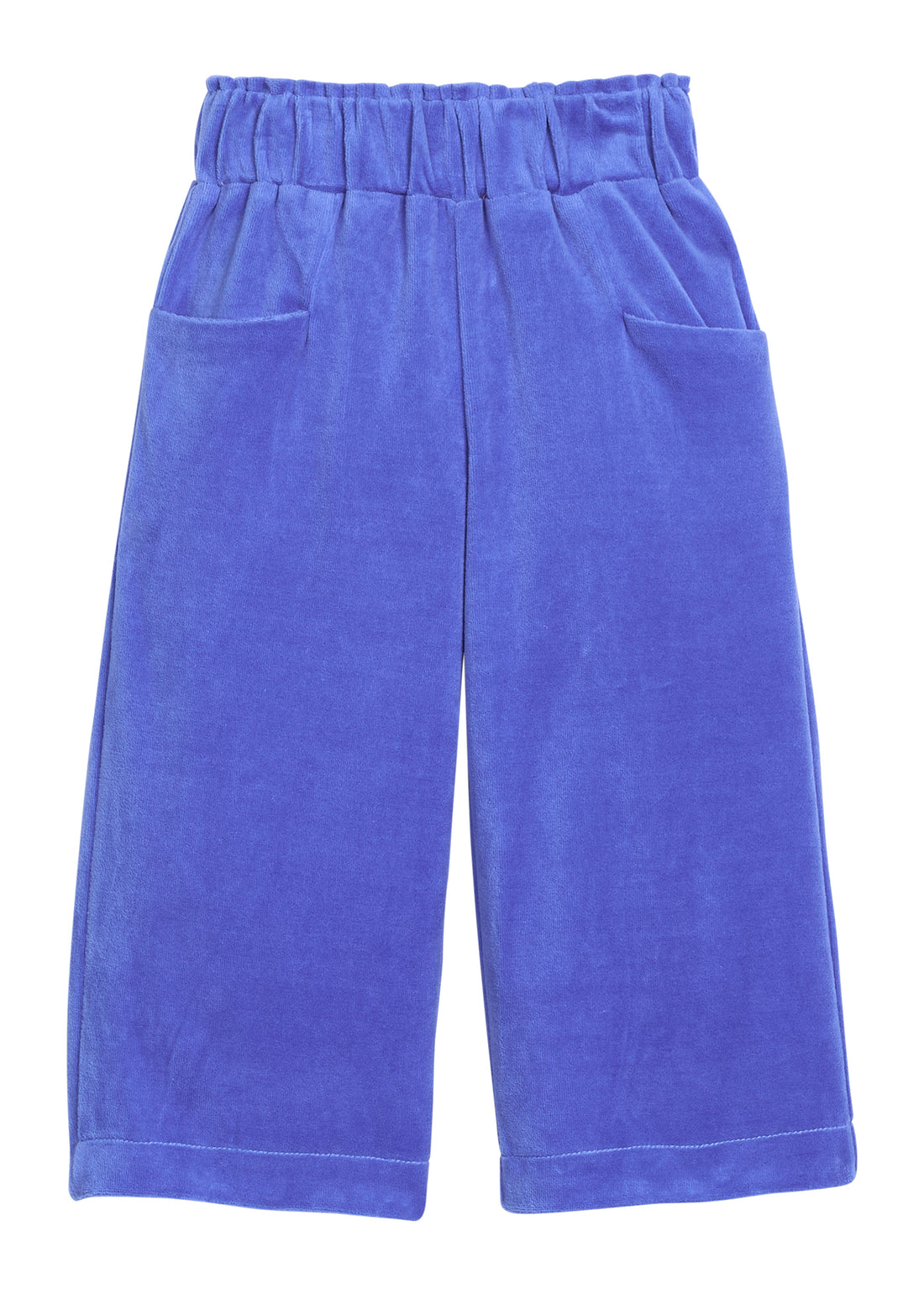 Girls velour pants in royal blue that feature functioning pockets in the front of pants and an elastic waistband. 