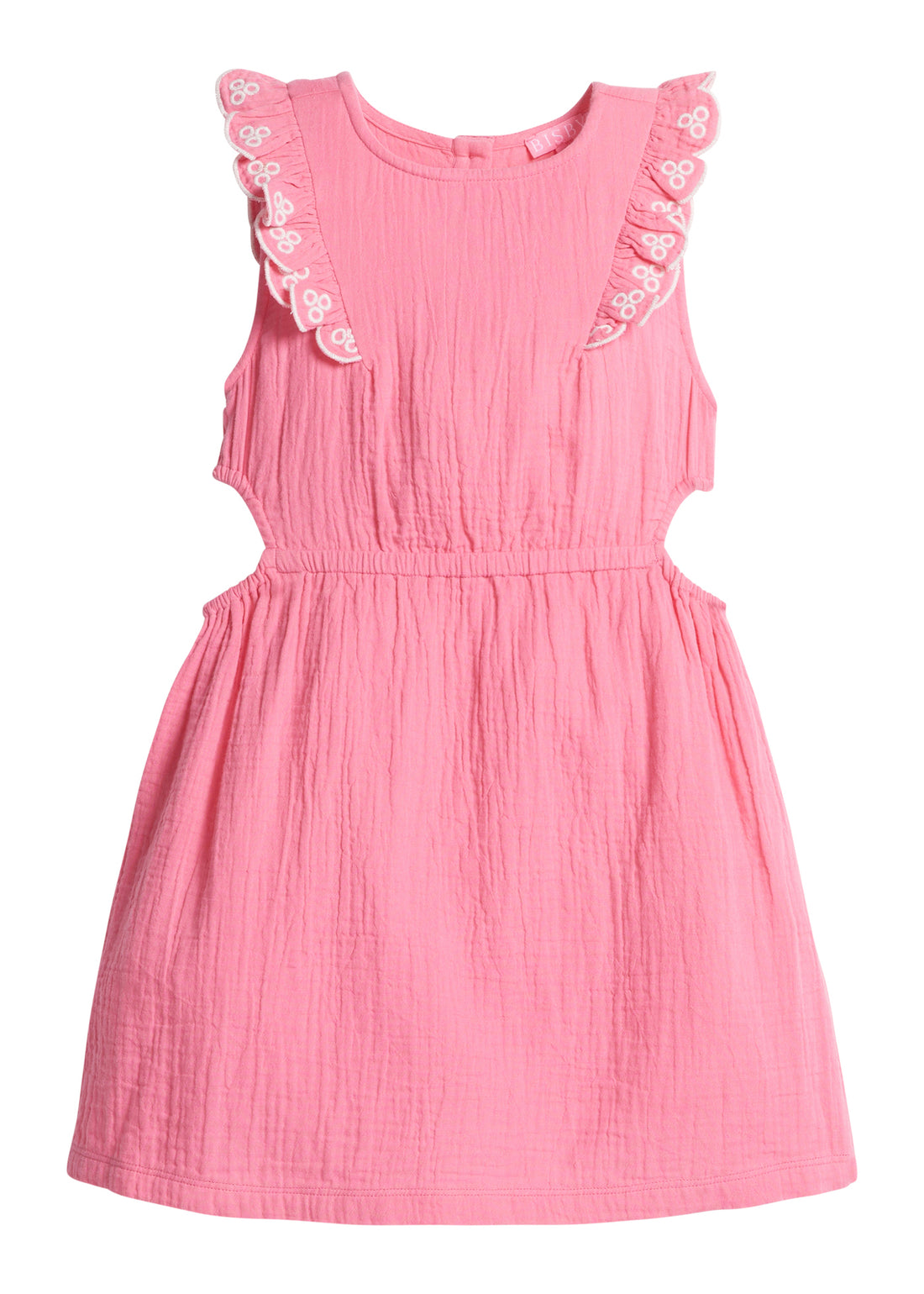 Girls/Tween dress made of a super soft and lightweight gauze material and comes in this beautiful hot pink color. Dress has slight cutouts on the side for a more big girl look and also features an elastic waistband and embroidered detail along  armholes.