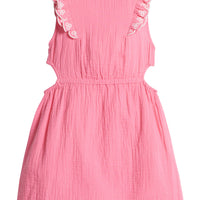 Girls/Tween dress made of a super soft and lightweight gauze material and comes in this beautiful hot pink color. Dress has slight cutouts on the side for a more big girl look and also features an elastic waistband and embroidered detail along  armholes.