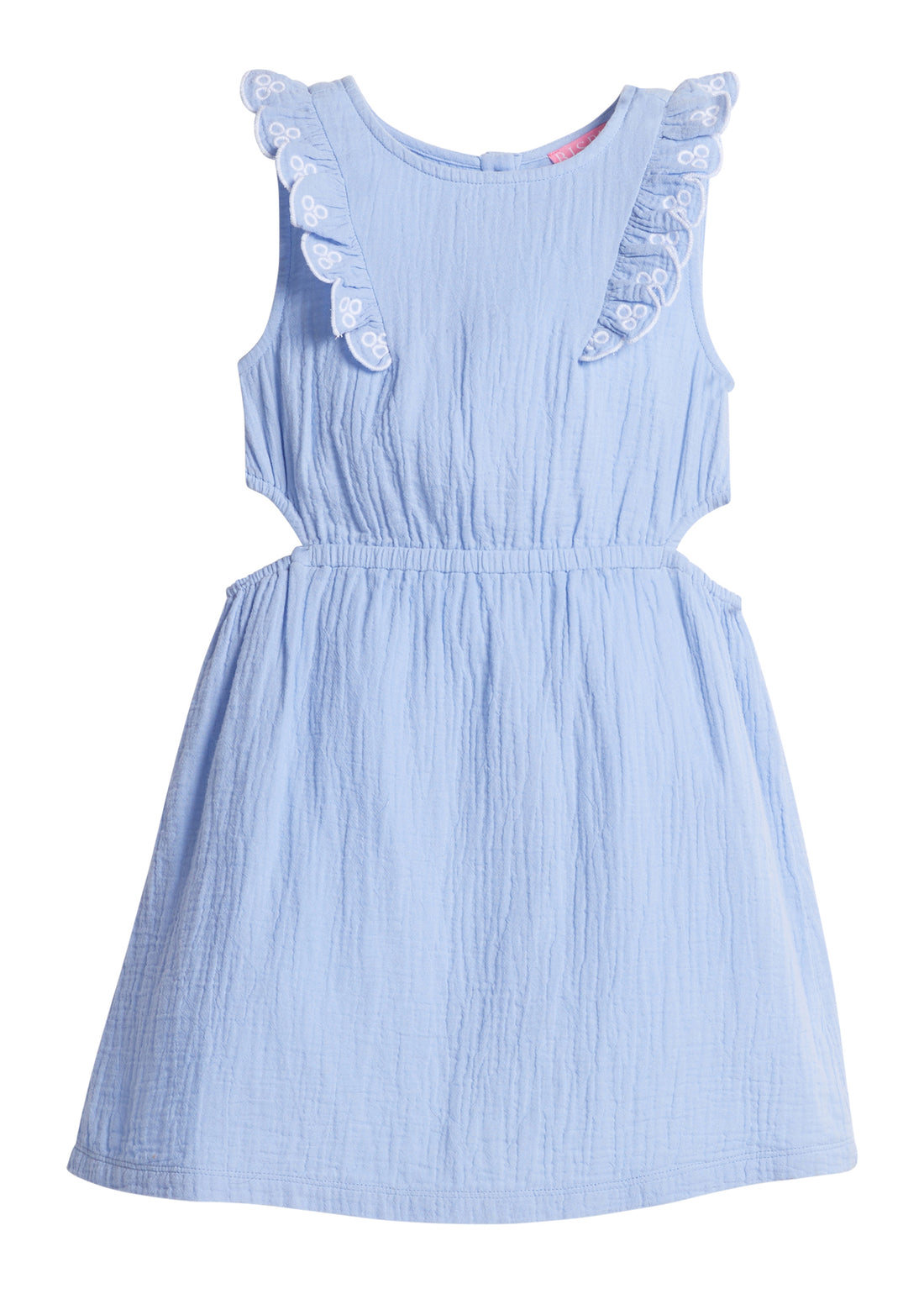 Girls/Tween dress made of a super soft and lightweight gauze material in a beautiful hydrangea shade. Dress has slight cutouts on the side for a more big girl look and also features an elastic waistband and embroidered detail along  armholes.
