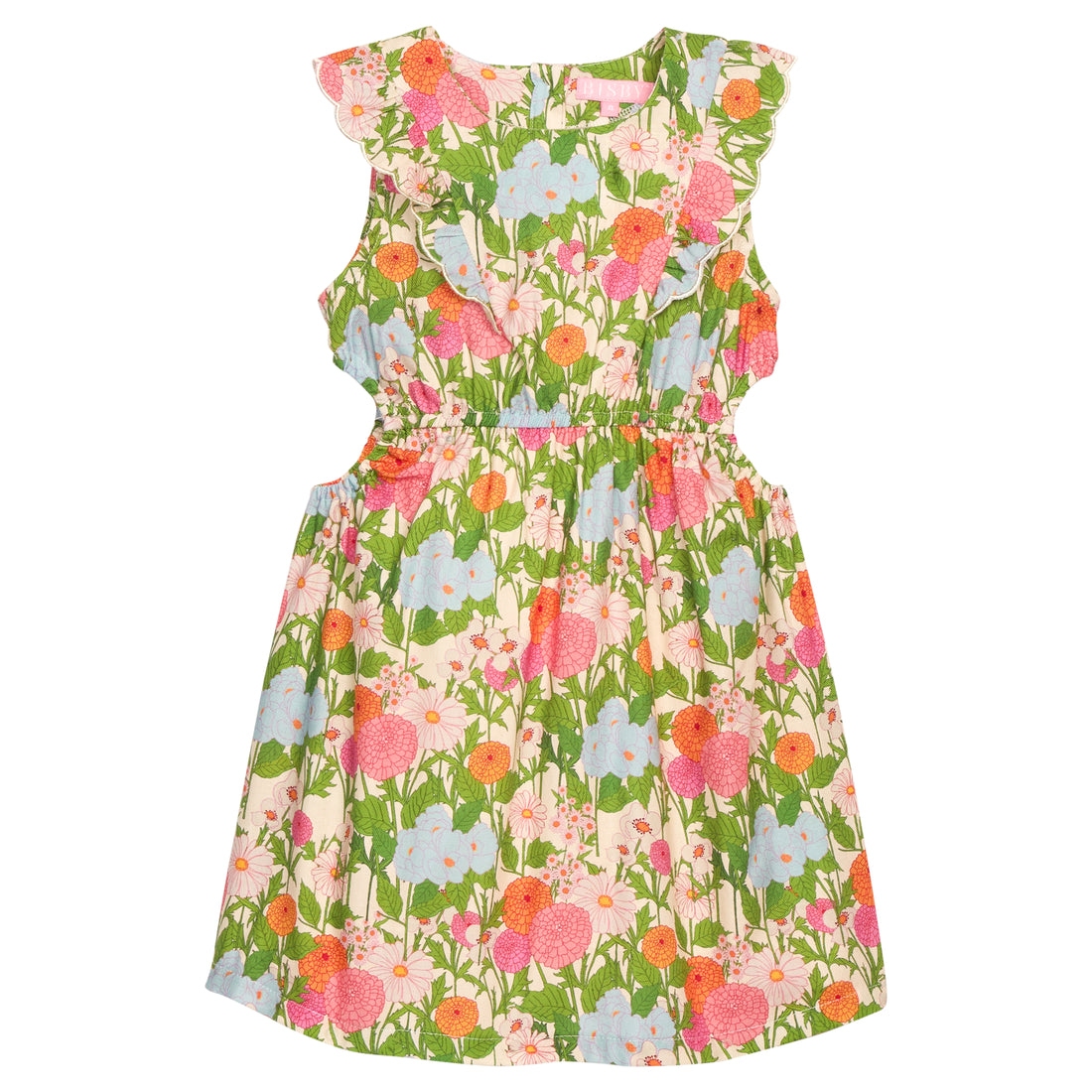 BISBY tween girl woven dress in a green/orange/pink/light blue floral print. Dress features a scallop detailing along sides of sleeves/bust, elastic waistband, and two cutout details at waist for an elevated big girl look. 