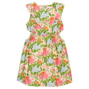 BISBY tween girl woven dress in a green/orange/pink/light blue floral print. Dress features a scallop detailing along sides of sleeves/bust, elastic waistband, and two cutout details at waist for an elevated big girl look. 