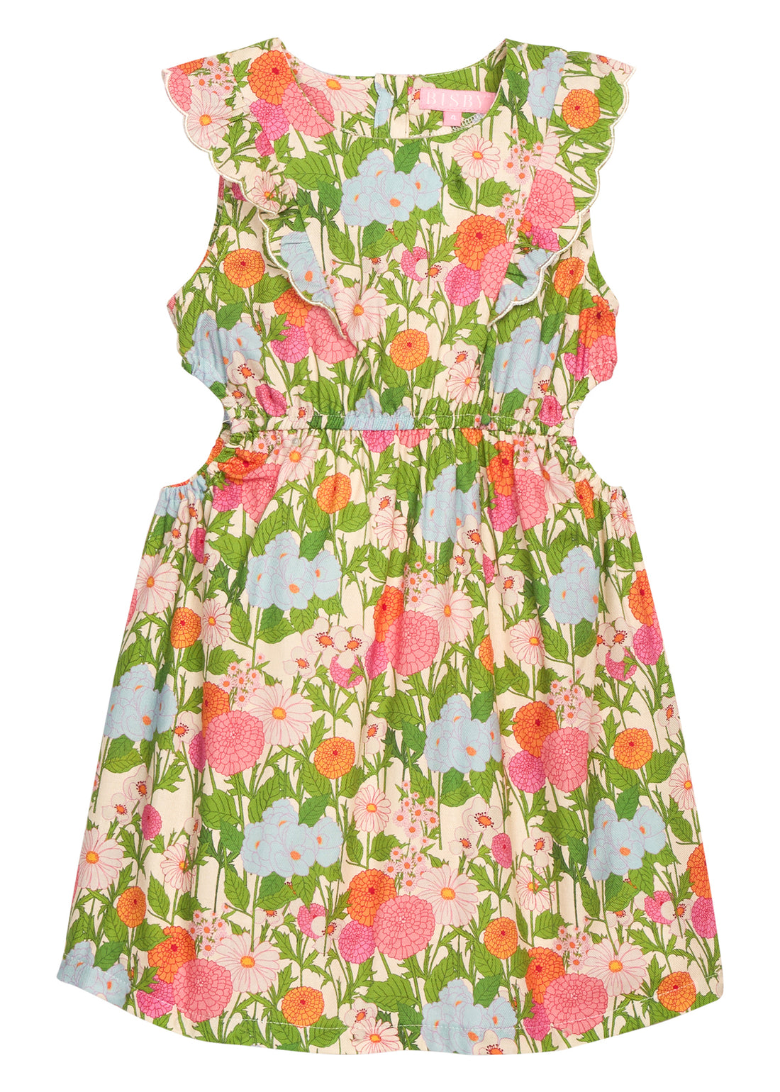 BISBY tween girl woven dress in a green/orange/pink/light blue floral print. Dress features a scallop detailing along sides of sleeves/bust, elastic waistband, and two cutout details at waist for an elevated big girl look. 