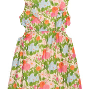 BISBY tween girl woven dress in a green/orange/pink/light blue floral print. Dress features a scallop detailing along sides of sleeves/bust, elastic waistband, and two cutout details at waist for an elevated big girl look. 