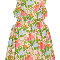 BISBY tween girl woven dress in a green/orange/pink/light blue floral print. Dress features a scallop detailing along sides of sleeves/bust, elastic waistband, and two cutout details at waist for an elevated big girl look. 