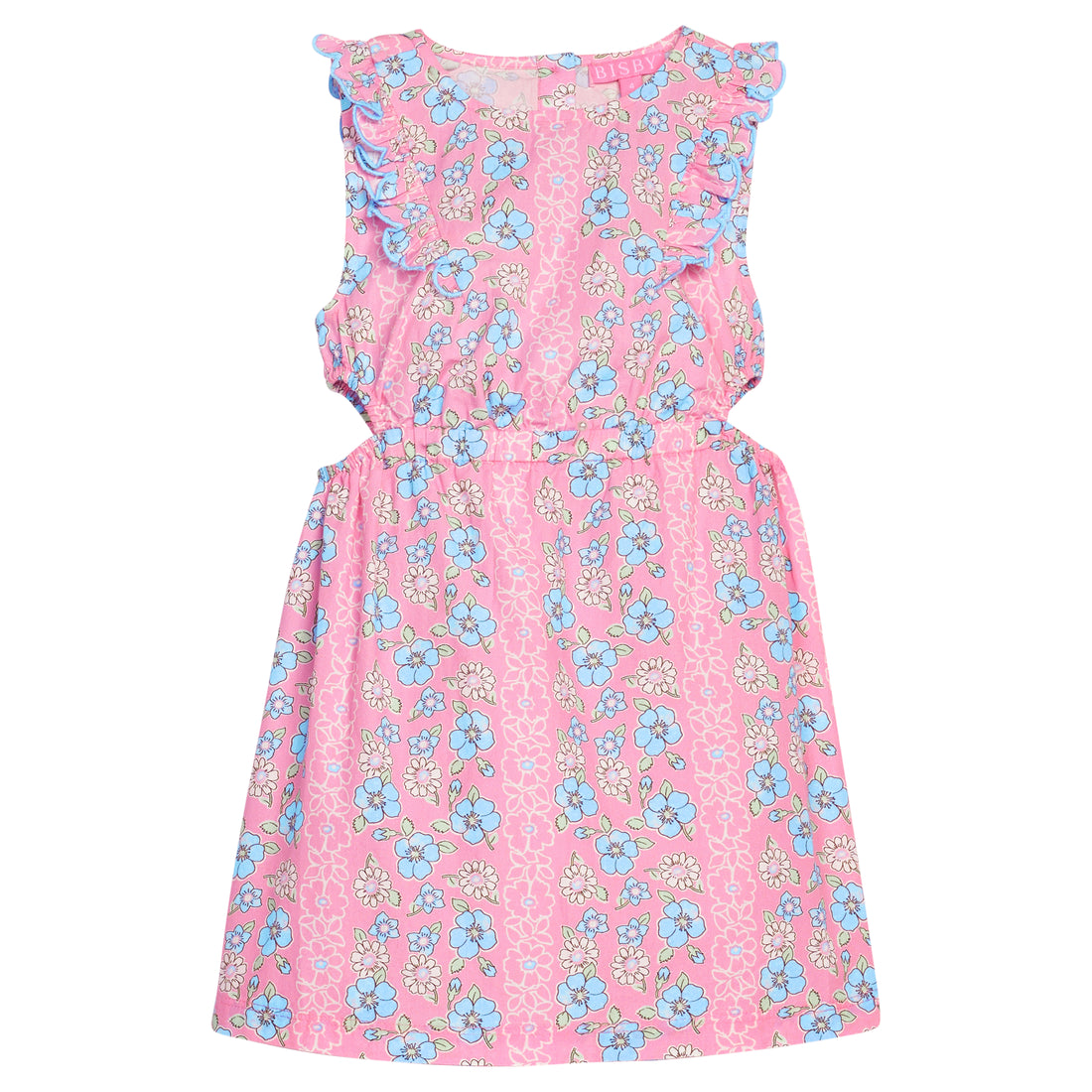 BISBY tween girl woven dress in a blue/pink/white floral print. Dress features a scallop detailing along sides of sleeves/bust, elastic waistband, and two cutout details at waist for an elevated big girl look. 