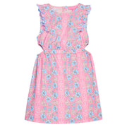 BISBY tween girl woven dress in a blue/pink/white floral print. Dress features a scallop detailing along sides of sleeves/bust, elastic waistband, and two cutout details at waist for an elevated big girl look. 