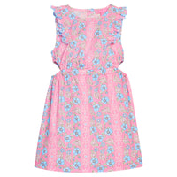 BISBY tween girl woven dress in a blue/pink/white floral print. Dress features a scallop detailing along sides of sleeves/bust, elastic waistband, and two cutout details at waist for an elevated big girl look. 