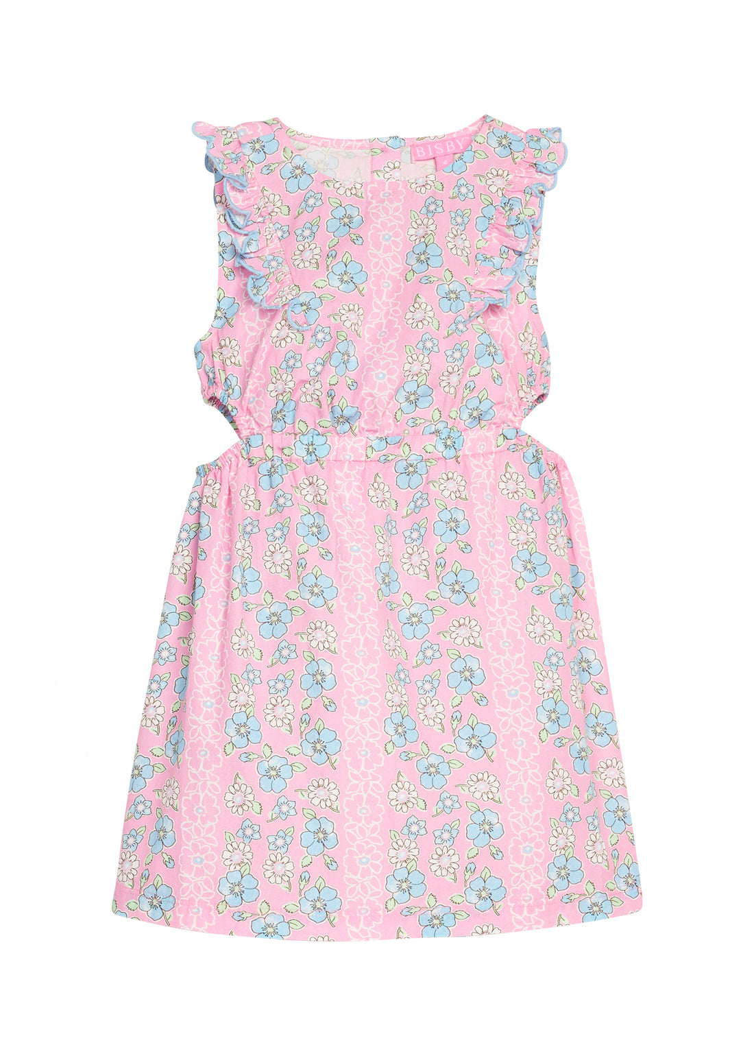 BISBY tween girl woven dress in a blue/pink/white floral print. Dress features a scallop detailing along sides of sleeves/bust, elastic waistband, and two cutout details at waist for an elevated big girl look. 