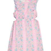BISBY tween girl woven dress in a blue/pink/white floral print. Dress features a scallop detailing along sides of sleeves/bust, elastic waistband, and two cutout details at waist for an elevated big girl look. 