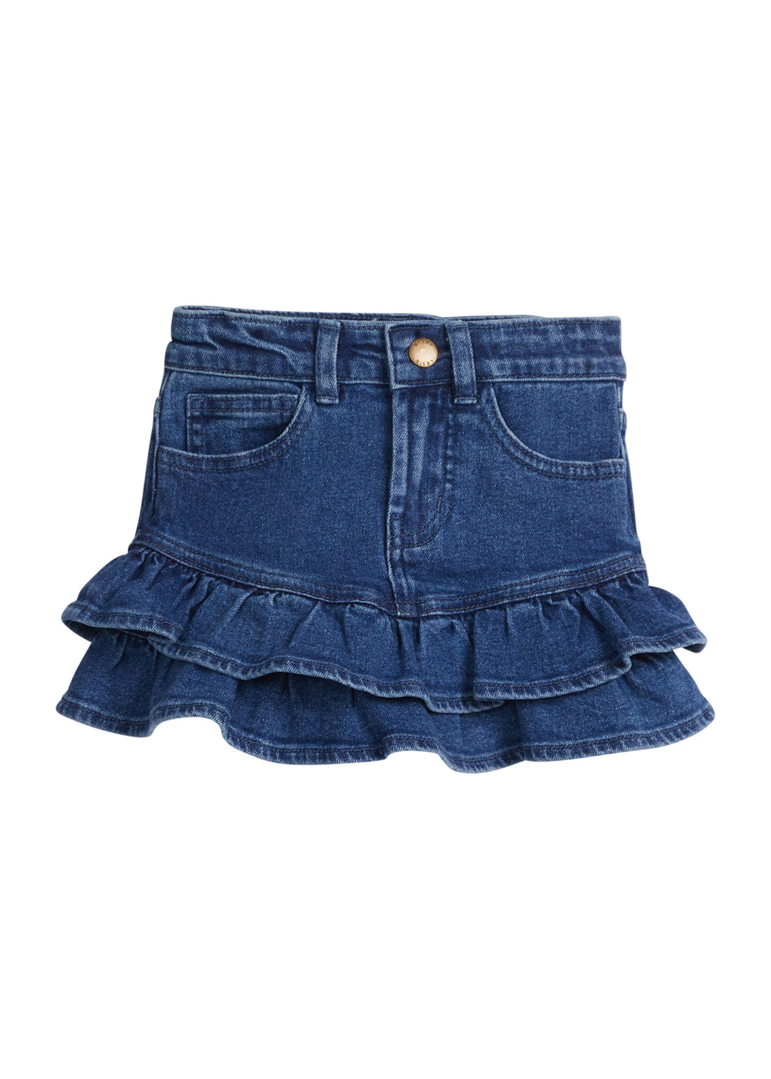 Girls/Tween denim skirt that features a two-tier ruffle at bottom of skirt. Skirt also features a snap button closure and pockets in the front.