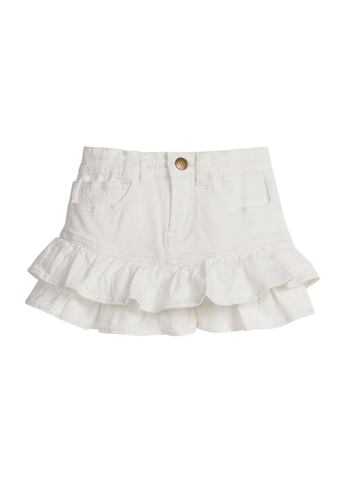 Girls/Tween denim skirt in ivory denim that features a two-tier ruffle at bottom of skirt. Skirt also features a snap button closure and pockets in the front.