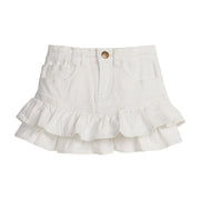 Girls/Tween denim skirt in ivory denim that features a two-tier ruffle at bottom of skirt. Skirt also features a snap button closure and pockets in the front.