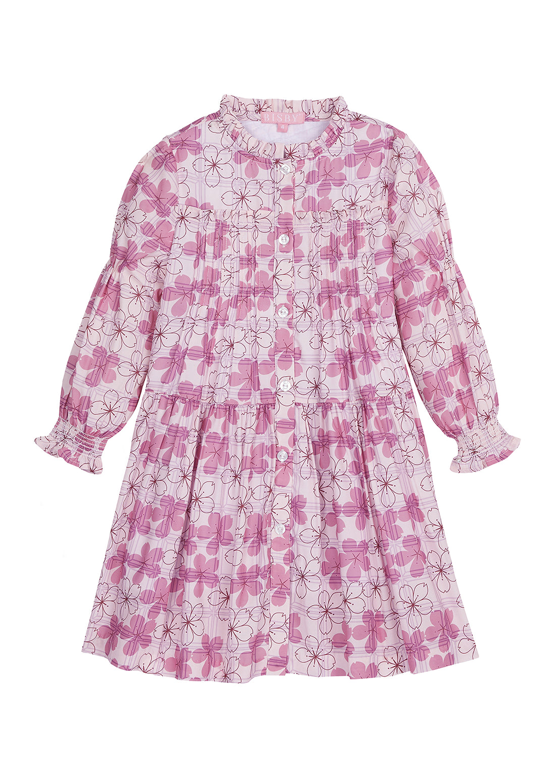 Girls/Tween Pink Hawaiin floral design with light pink plaid pattern throughout. Dress is also very lightweight with buttons along front for easy dressing needs and has elastic along the cuffs of sleeves for a stretchy relaxed fit- -BISBY 