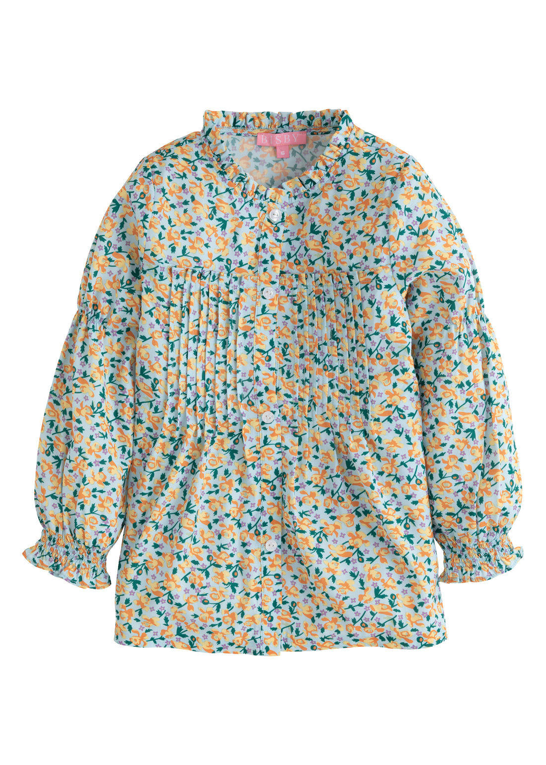 girls tween clothing flowy floral blue and yellow blouse with pleats on chest and ruffles at collar