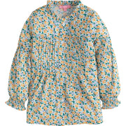 girls tween clothing flowy floral blue and yellow blouse with pleats on chest and ruffles at collar