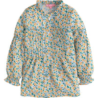 girls tween clothing flowy floral blue and yellow blouse with pleats on chest and ruffles at collar