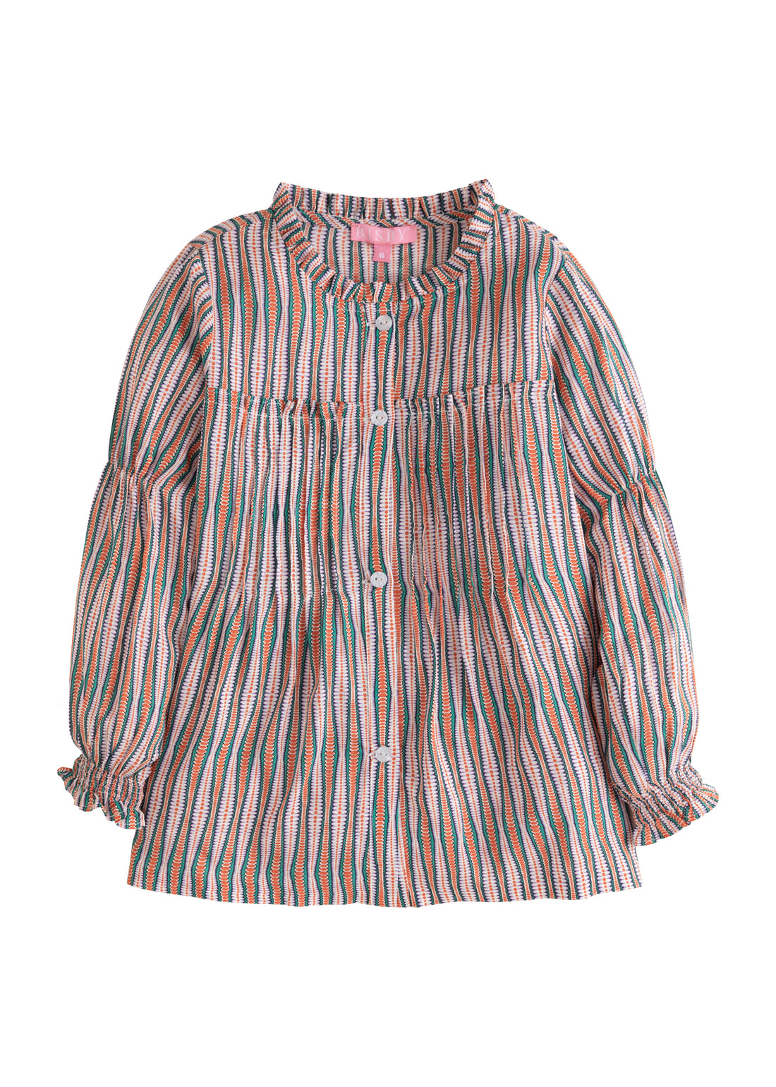 girls tween clothing flowy striped blouse in green orange and pink with pleats at chest and ruffles on the collar
