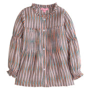 girls tween clothing flowy striped blouse in green orange and pink with pleats at chest and ruffles on the collar