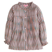 girls tween clothing flowy striped blouse in green orange and pink with pleats at chest and ruffles on the collar