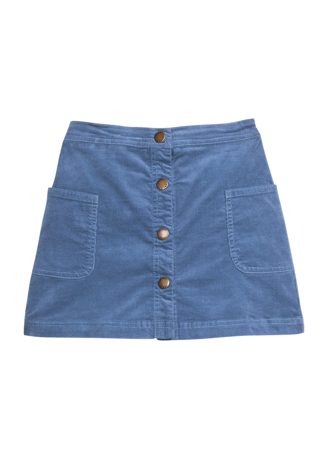 BISBY tween corduroy skirt in dusty blue that features pockets at sides and faux pockets down the front for a secure fit. 