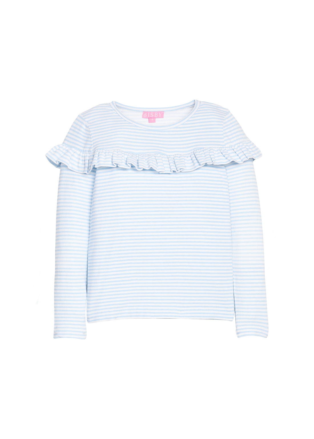 Girls/tween knit long sleeve top in light blue and white stripe that features a ruffle detail across the front body of the shirt.