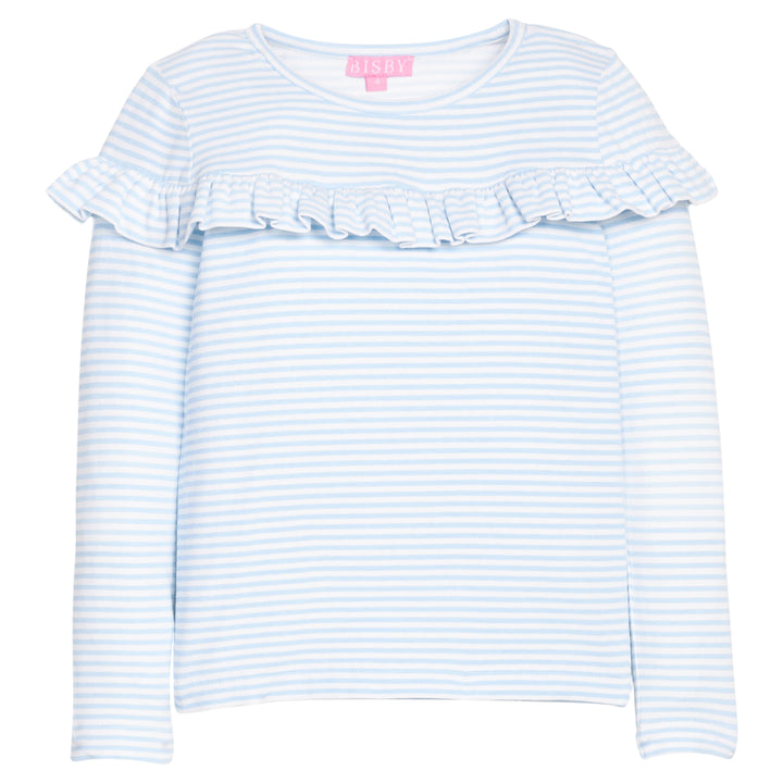 Girls/tween knit long sleeve top in light blue and white stripe that features a ruffle detail across the front body of the shirt.