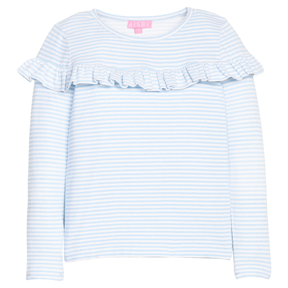 Girls/tween knit long sleeve top in light blue and white stripe that features a ruffle detail across the front body of the shirt.