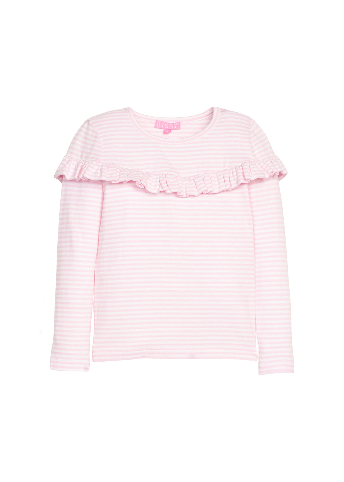 Girls/tween knit long sleeve top in pink and white stripe that features a ruffle detail across the front body of the shirt.