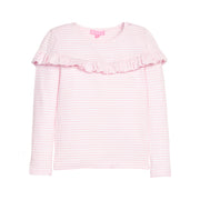 Girls/tween knit long sleeve top in pink and white stripe that features a ruffle detail across the front body of the shirt.