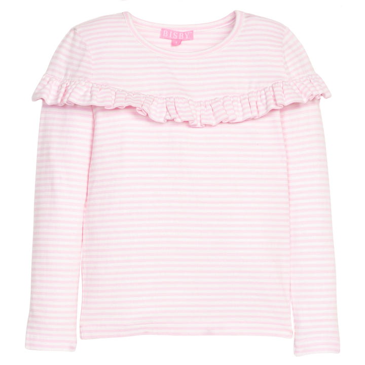 Girls/tween knit long sleeve top in pink and white stripe that features a ruffle detail across the front body of the shirt.
