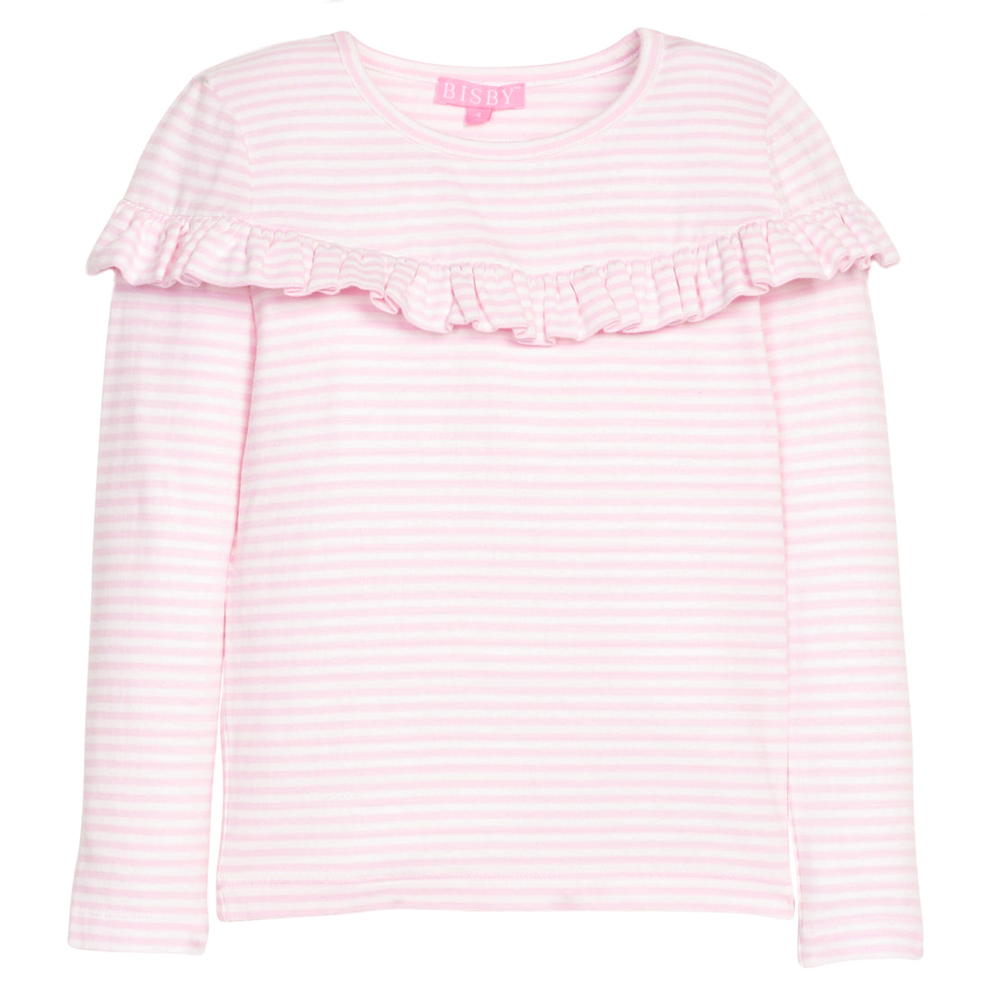 Girls/tween knit long sleeve top in pink and white stripe that features a ruffle detail across the front body of the shirt.