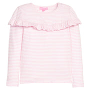 Girls/tween knit long sleeve top in pink and white stripe that features a ruffle detail across the front body of the shirt.