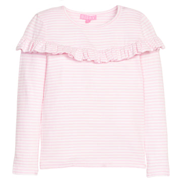 Girls/tween knit long sleeve top in pink and white stripe that features a ruffle detail across the front body of the shirt.